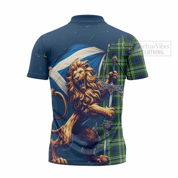 Haliburton Tartan Family Crest Zipper Polo Shirt with Scottish Majestic Lion - Tartan Vibes Clothing