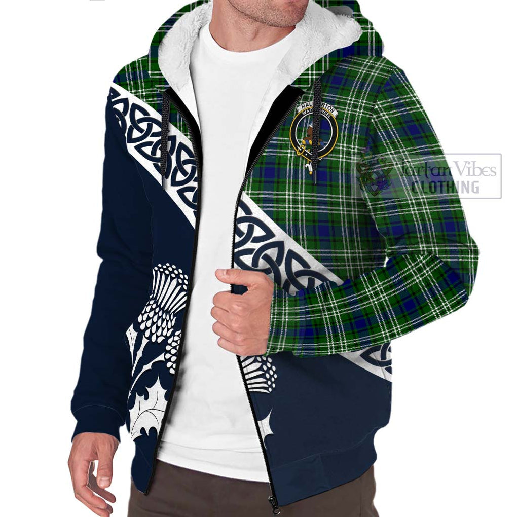 Haliburton Tartan Sherpa Hoodie Featuring Thistle and Scotland Map - Tartan Vibes Clothing