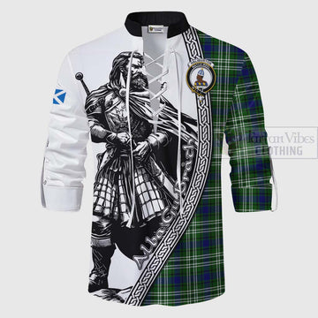 Haliburton Tartan Clan Crest Ghillie Kilt Shirt with Highlander Warrior Celtic Style - Tartan Vibes Clothing