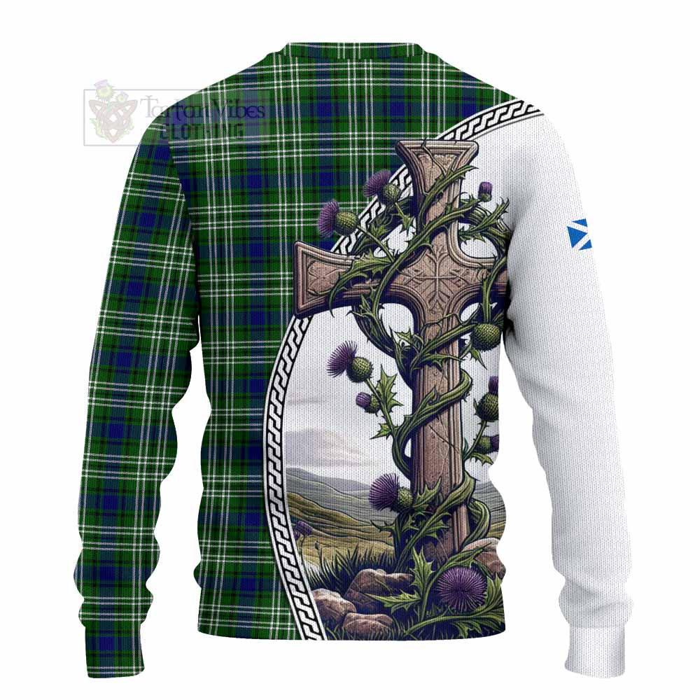 Haliburton Tartan Knitted Sweater with Family Crest and St. Andrew's Cross Accented by Thistle Vines - Tartan Vibes Clothing