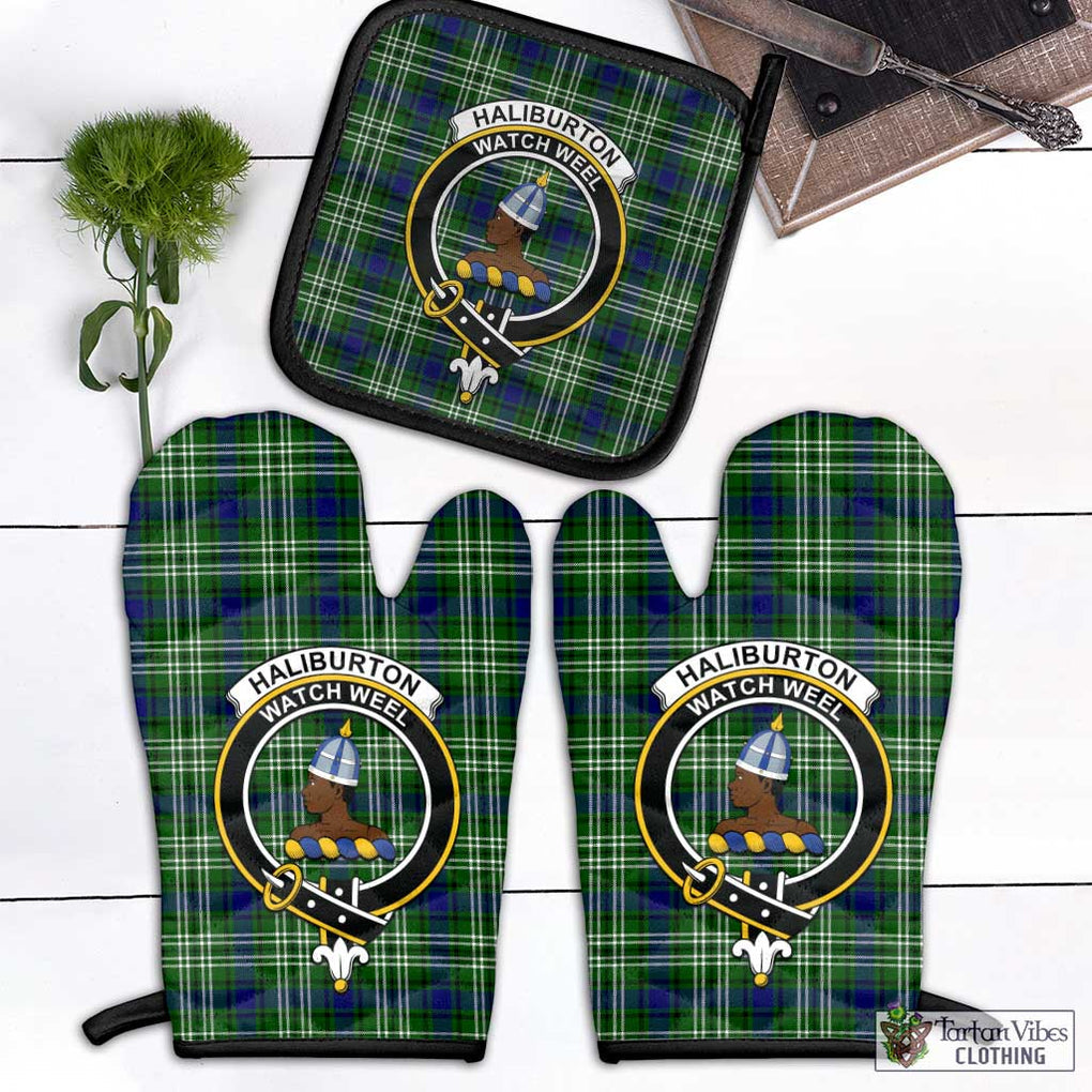 Haliburton Tartan Combo Oven Mitt & Pot-Holder with Family Crest Black - Tartan Vibes Clothing