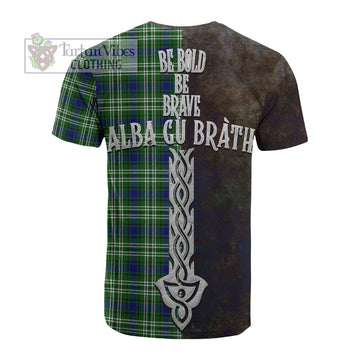Haliburton Tartan Family Crest Cotton T-shirt Alba Gu Brath Be Brave Lion Ancient Style