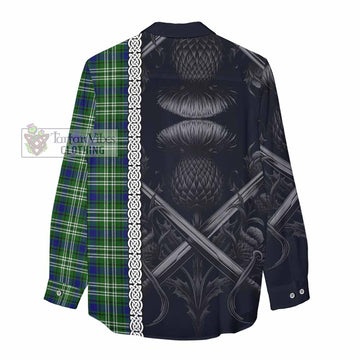 Haliburton Tartan Women's Casual Shirt with Family Crest Cross Sword Thistle Celtic Vibes - Tartan Vibes Clothing