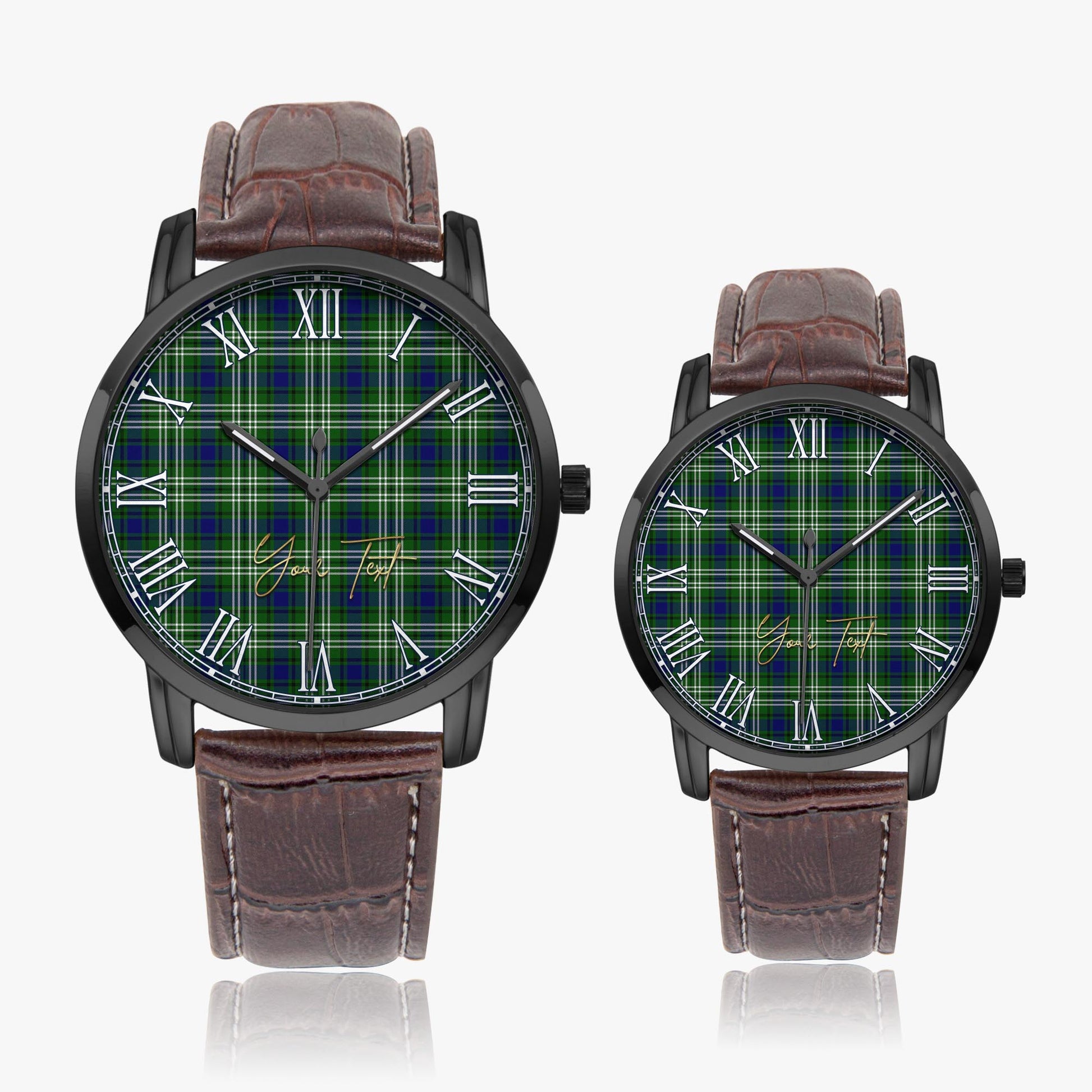 Haliburton Tartan Personalized Your Text Leather Trap Quartz Watch Wide Type Black Case With Brown Leather Strap - Tartanvibesclothing