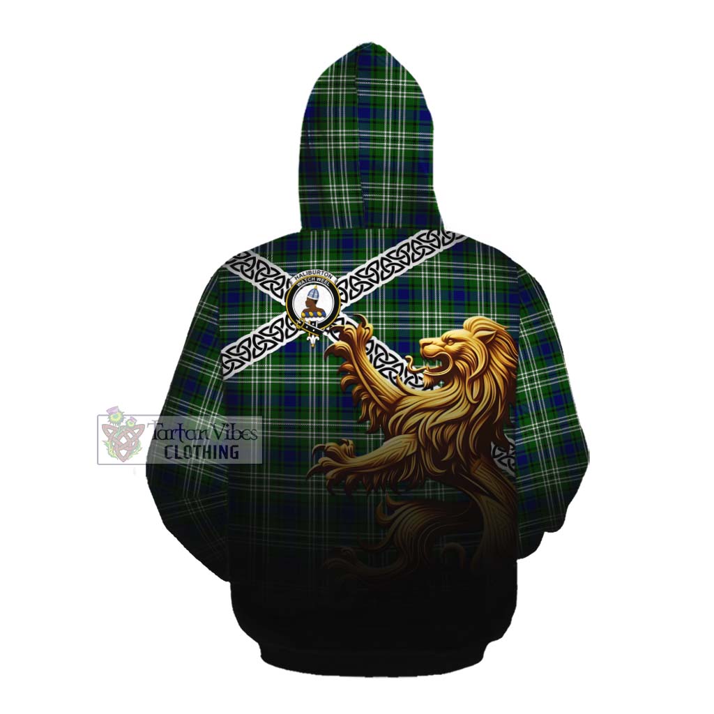 Haliburton Crest Tartan Cotton Hoodie with Golden Lion Emblem Celtic Style Pullover Hoodie - Tartan Vibes Clothing