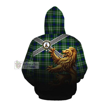 Haliburton Crest Tartan Cotton Hoodie with Golden Lion Emblem Celtic Style Pullover Hoodie - Tartan Vibes Clothing