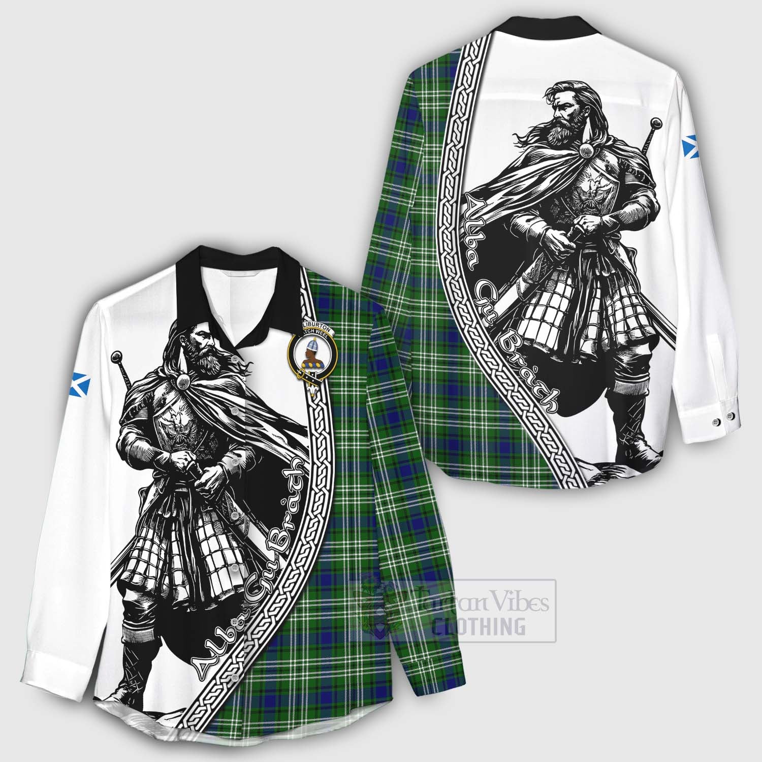 Haliburton Tartan Clan Crest Women's Casual Shirt with Highlander Warrior Celtic Style - Tartan Vibes Clothing