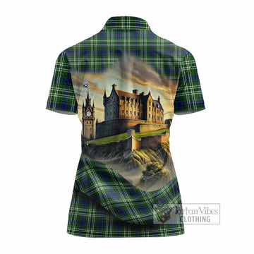 Haliburton Tartan Family Crest Women's Polo Shirt with Scottish Ancient Castle Style - Tartan Vibes Clothing