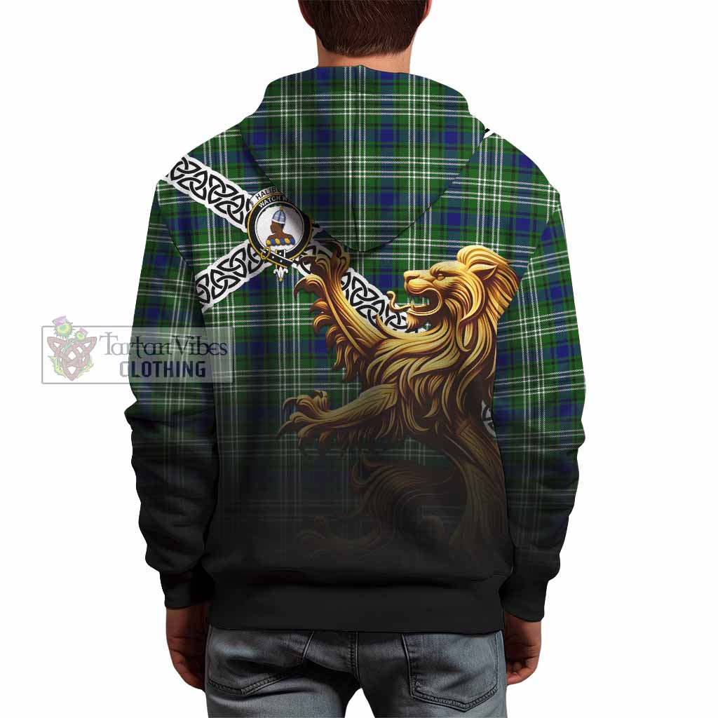 Haliburton Crest Tartan Hoodie with Golden Lion Emblem Celtic Style - Tartan Vibes Clothing