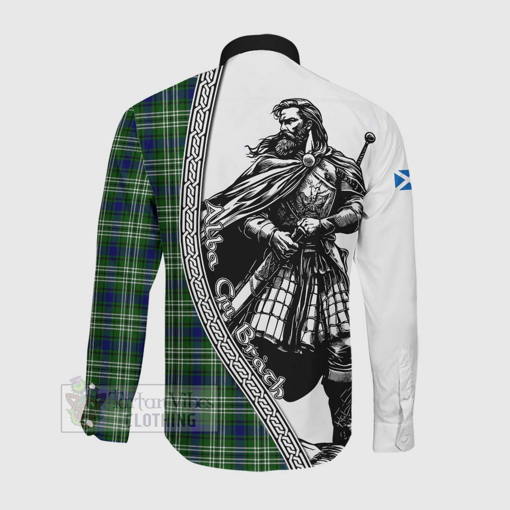 Haliburton Tartan Clan Crest Long Sleeve Button Shirt with Highlander Warrior Celtic Style Men's Shirt - Tartan Vibes Clothing