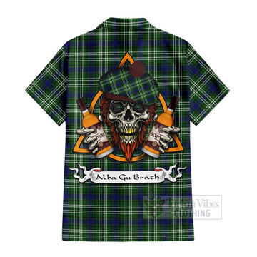 Haliburton Tartan Hawaiian Shirt with Family Crest and Bearded Skull Holding Bottles of Whiskey - Tartan Vibes Clothing