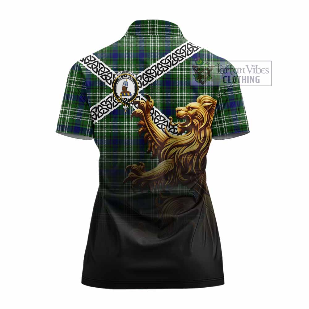 Haliburton Crest Tartan Women's Polo Shirt with Golden Lion Emblem Celtic Style - Tartan Vibes Clothing