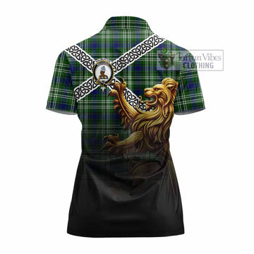 Haliburton Crest Tartan Women's Polo Shirt with Golden Lion Emblem Celtic Style - Tartan Vibes Clothing