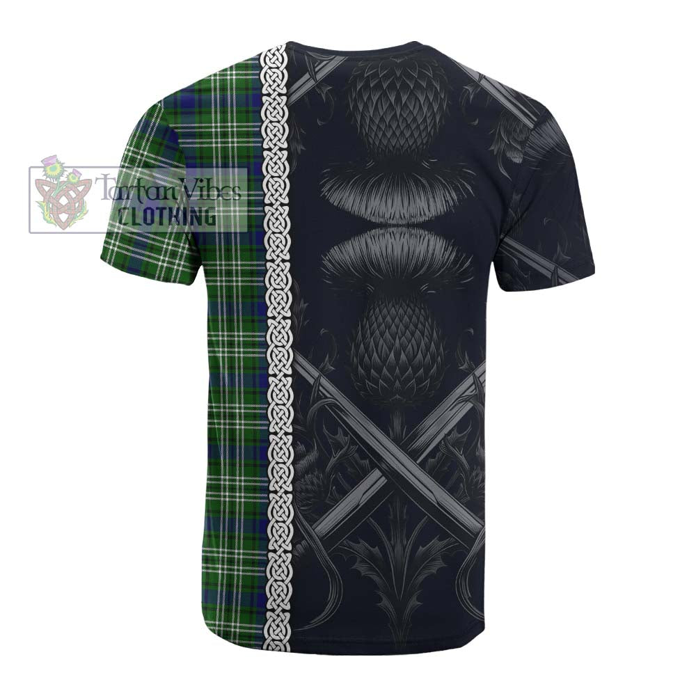 Haliburton Tartan Cotton T-shirt with Family Crest Cross Sword Thistle Celtic Vibes - Tartan Vibes Clothing