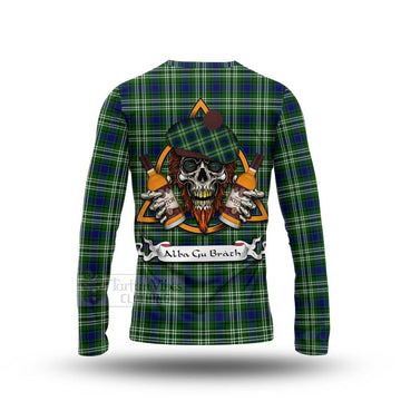 Haliburton Tartan Long Sleeve T-Shirt with Family Crest and Bearded Skull Holding Bottles of Whiskey - Tartan Vibes Clothing