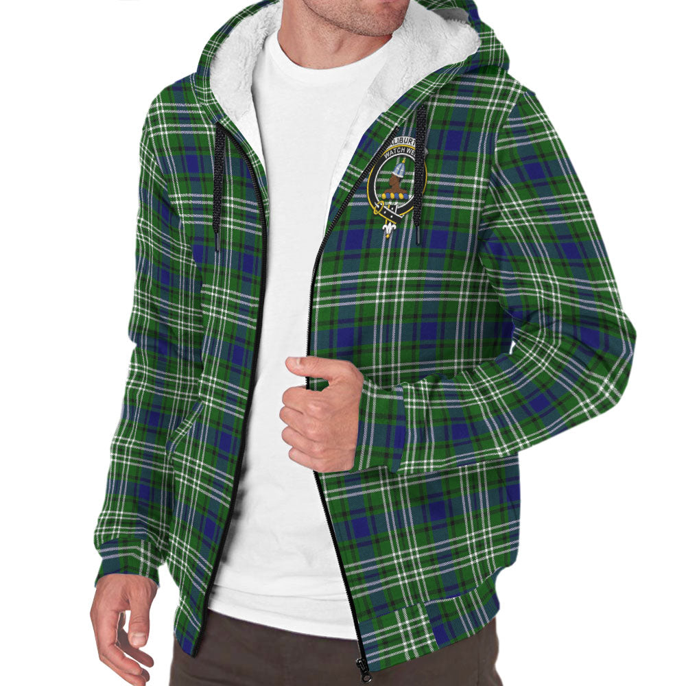 Haliburton Tartan Sherpa Hoodie with Family Crest - Tartan Vibes Clothing