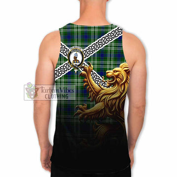Haliburton Crest Tartan Men's Tank Top with Golden Lion Emblem Celtic Style - Tartan Vibes Clothing
