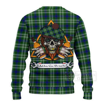 Haliburton Tartan Ugly Sweater with Family Crest and Bearded Skull Holding Bottles of Whiskey - Tartan Vibes Clothing