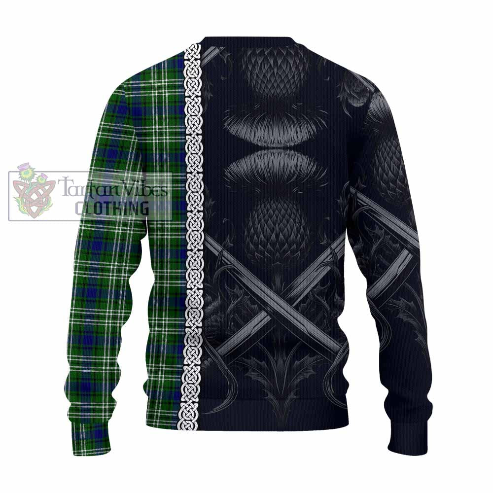 Haliburton Tartan Knitted Sweater with Family Crest Cross Sword Thistle Celtic Vibes - Tartan Vibes Clothing