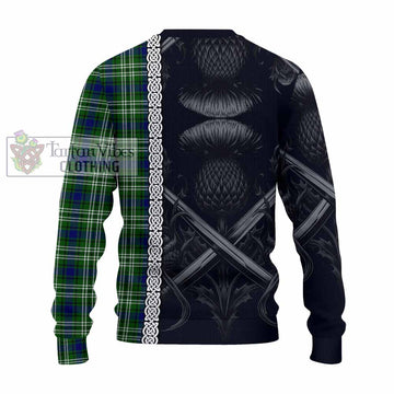 Haliburton Tartan Knitted Sweater with Family Crest Cross Sword Thistle Celtic Vibes - Tartan Vibes Clothing