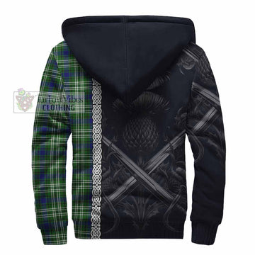 Haliburton Tartan Sherpa Hoodie with Family Crest Cross Sword Thistle Celtic Vibes - Tartan Vibes Clothing