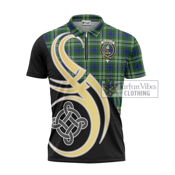 Haliburton Tartan Zipper Polo Shirt with Family Crest and Celtic Symbol Style - Tartan Vibes Clothing