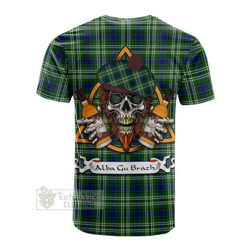 Tartan Vibes Clothing Haliburton Tartan Cotton T-shirt with Family Crest and Bearded Skull Holding Bottles of Whiskey