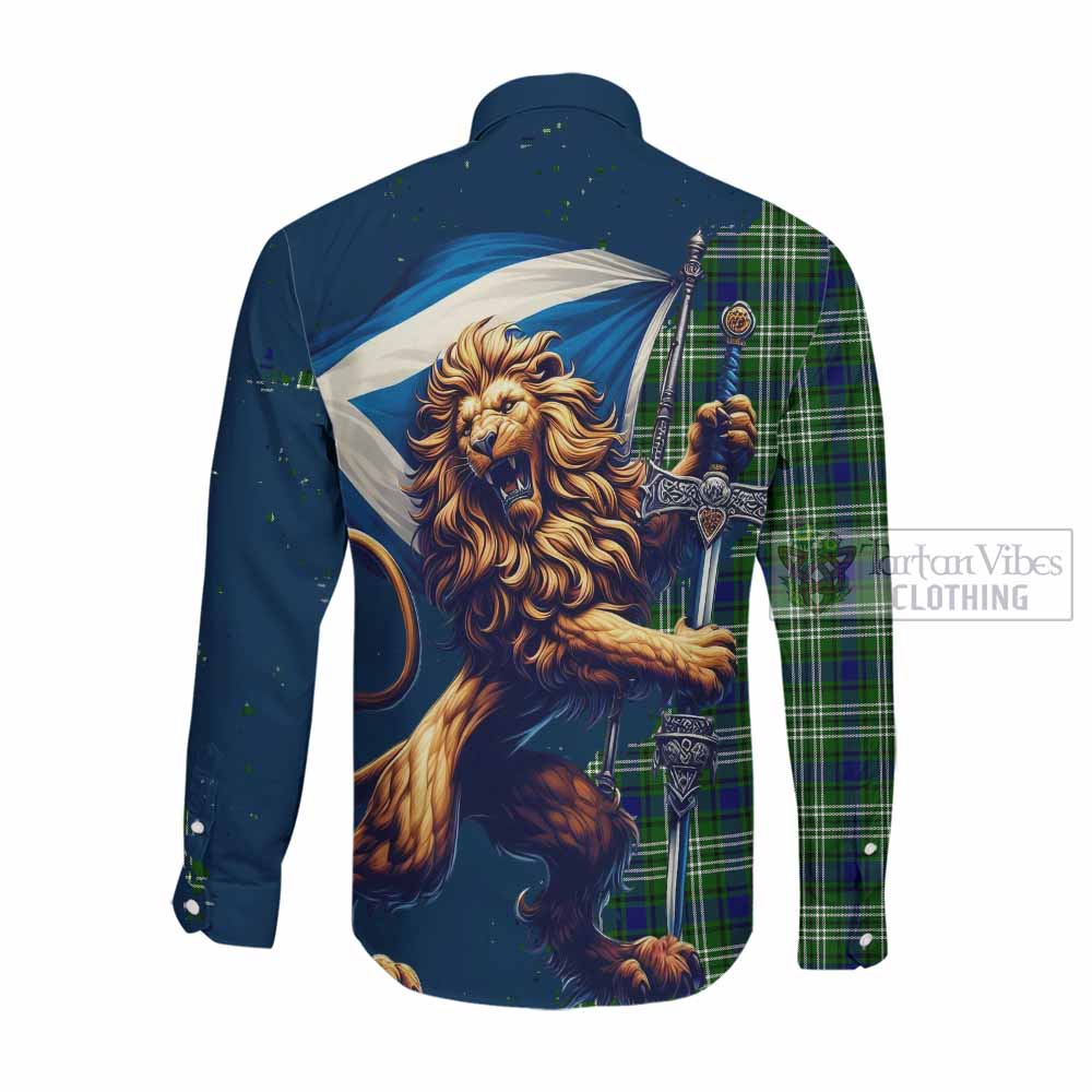 Haliburton Tartan Family Crest Long Sleeve Button Shirt with Scottish Majestic Lion Men's Shirt - Tartan Vibes Clothing