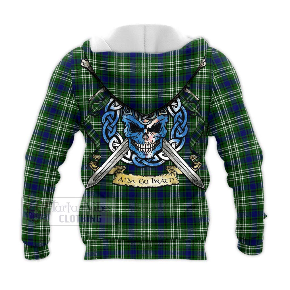 Haliburton Tartan Knitted Hoodie with Family Crest Celtic Skull Style - Tartan Vibes Clothing