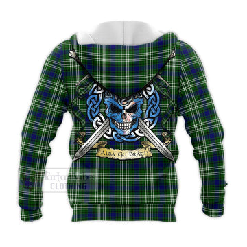 Haliburton Tartan Knitted Hoodie with Family Crest Celtic Skull Style - Tartan Vibes Clothing