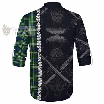 Haliburton Tartan Ghillie Kilt Shirt with Family Crest Cross Sword Thistle Celtic Vibes - Tartan Vibes Clothing
