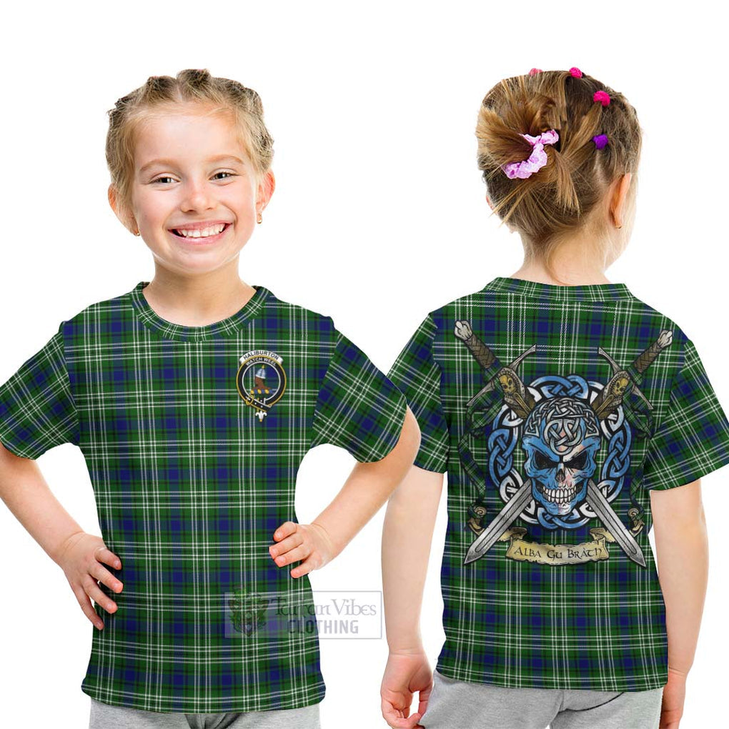 Haliburton Tartan Kid T-Shirt with Family Crest Celtic Skull Style - Tartan Vibes Clothing