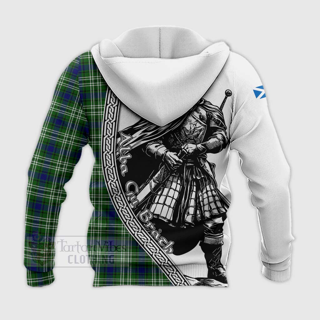 Haliburton Tartan Clan Crest Knitted Hoodie with Highlander Warrior Celtic Style - Tartan Vibes Clothing