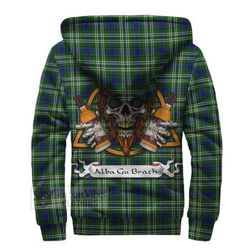 Haliburton Tartan Sherpa Hoodie with Family Crest and Bearded Skull Holding Bottles of Whiskey - Tartan Vibes Clothing