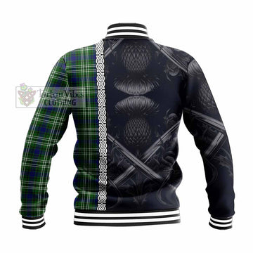 Haliburton Tartan Baseball Jacket with Family Crest Cross Sword Thistle Celtic Vibes - Tartan Vibes Clothing