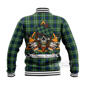 Haliburton Tartan Baseball Jacket with Family Crest and Bearded Skull Holding Bottles of Whiskey - Tartan Vibes Clothing