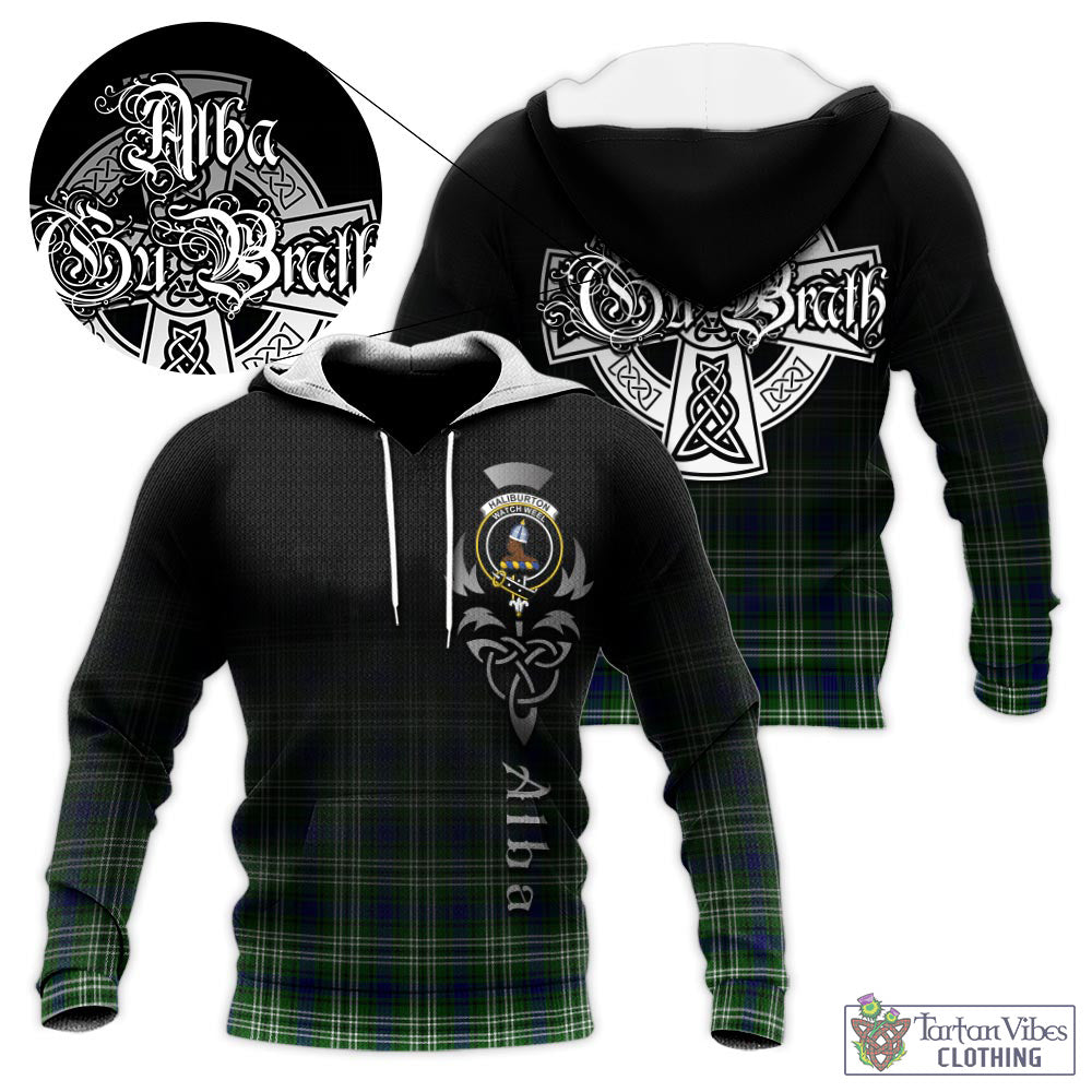 Tartan Vibes Clothing Haliburton Tartan Knitted Hoodie Featuring Alba Gu Brath Family Crest Celtic Inspired