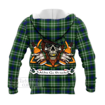 Haliburton Tartan Knitted Hoodie with Family Crest and Bearded Skull Holding Bottles of Whiskey - Tartan Vibes Clothing