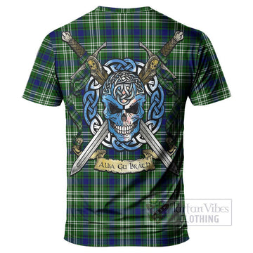 Haliburton Tartan T-Shirt with Family Crest Celtic Skull Style - Tartan Vibes Clothing