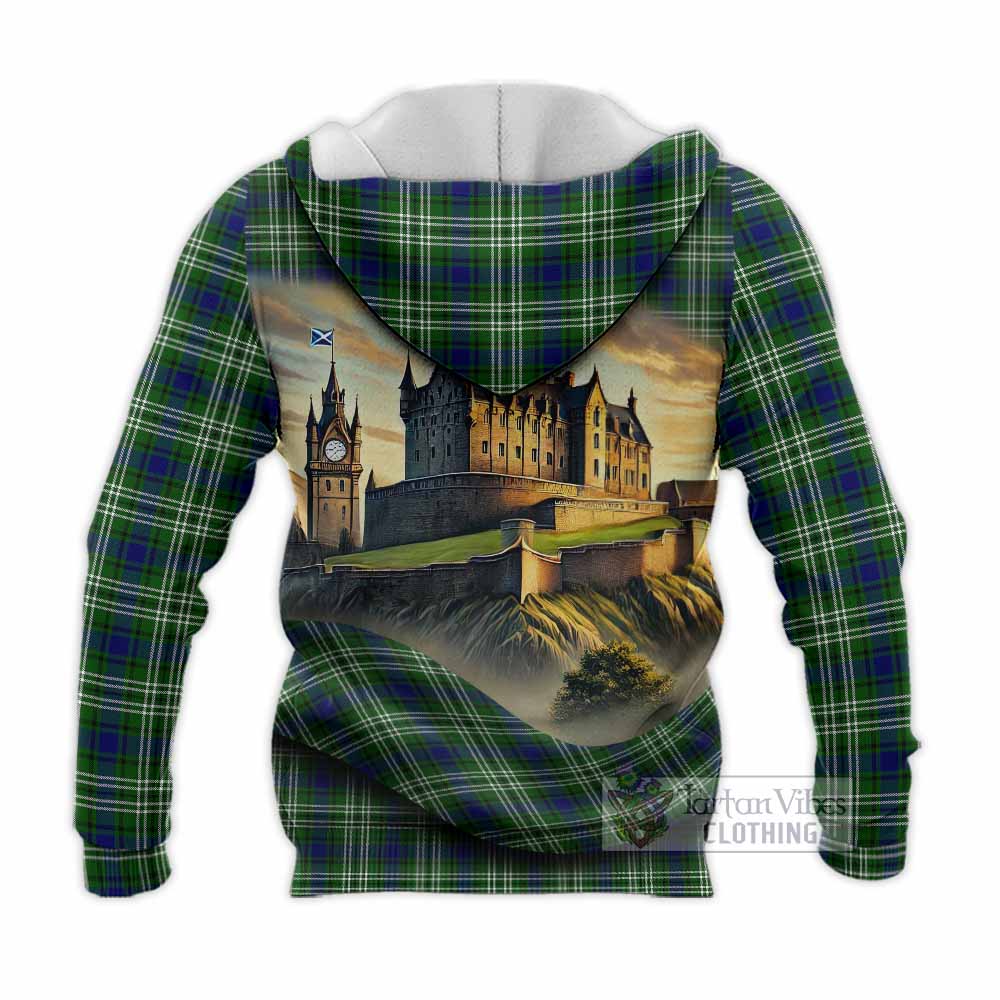 Haliburton Tartan Family Crest Knitted Hoodie with Scottish Ancient Castle Style - Tartan Vibes Clothing