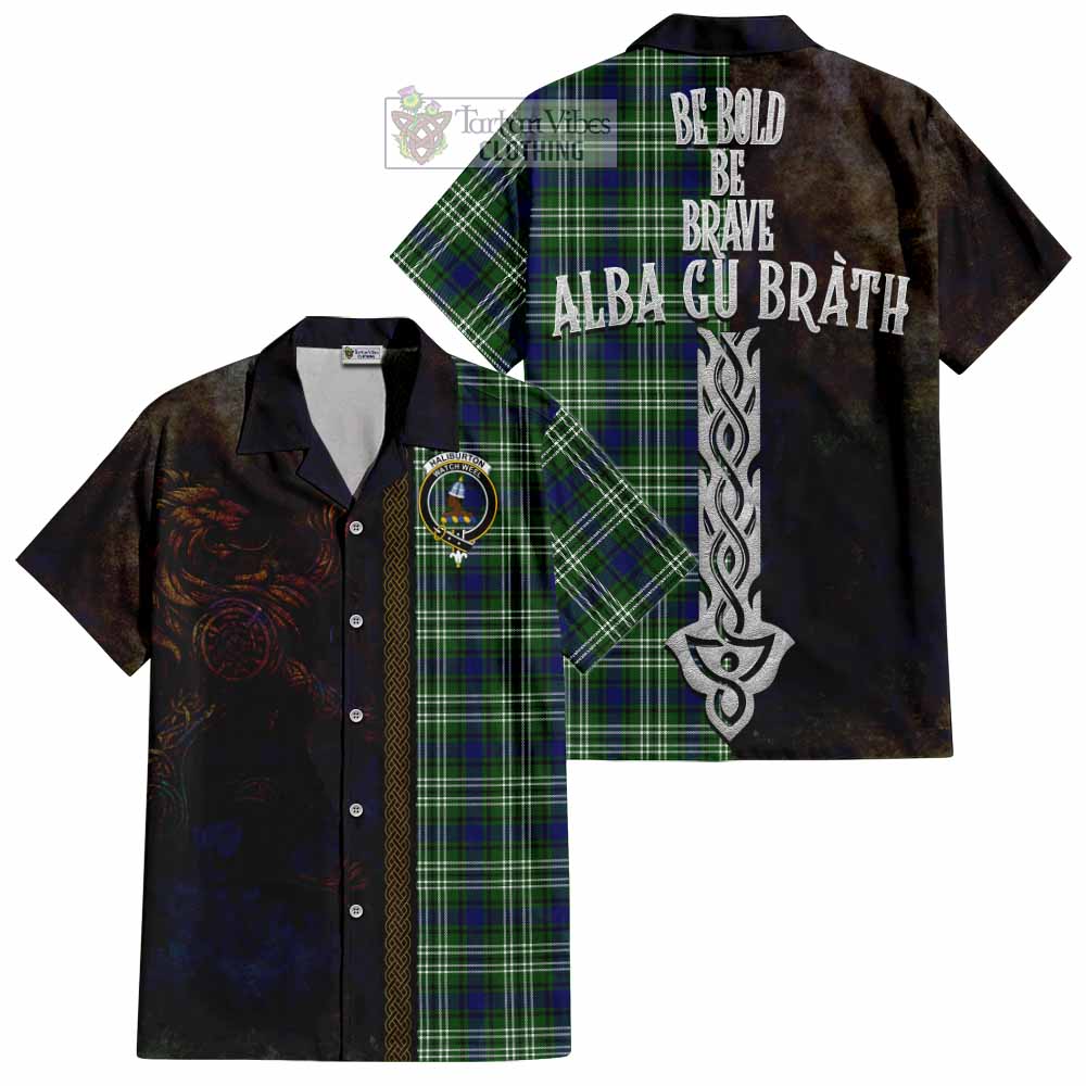 Tartan Vibes Clothing Haliburton Tartan Family Crest Short Sleeve Button Shirt Alba Gu Brath Be Brave Lion Ancient Style