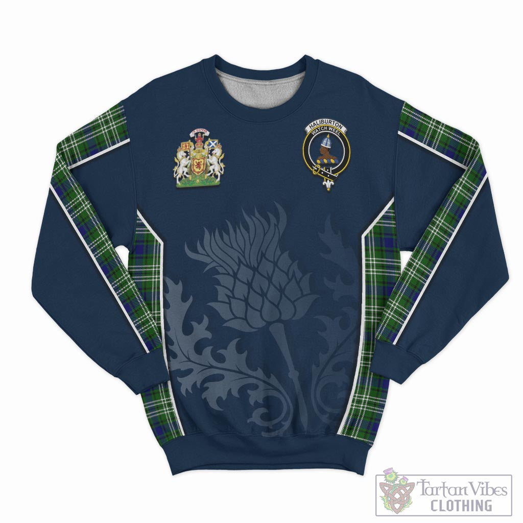 Haliburton Tartan Sweatshirt with Family Crest and Scottish Thistle Vibes Sport Style - Tartan Vibes Clothing
