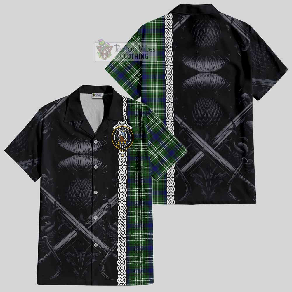 Haliburton Tartan Hawaiian Shirt with Family Crest Cross Sword Thistle Celtic Vibes - Tartan Vibes Clothing