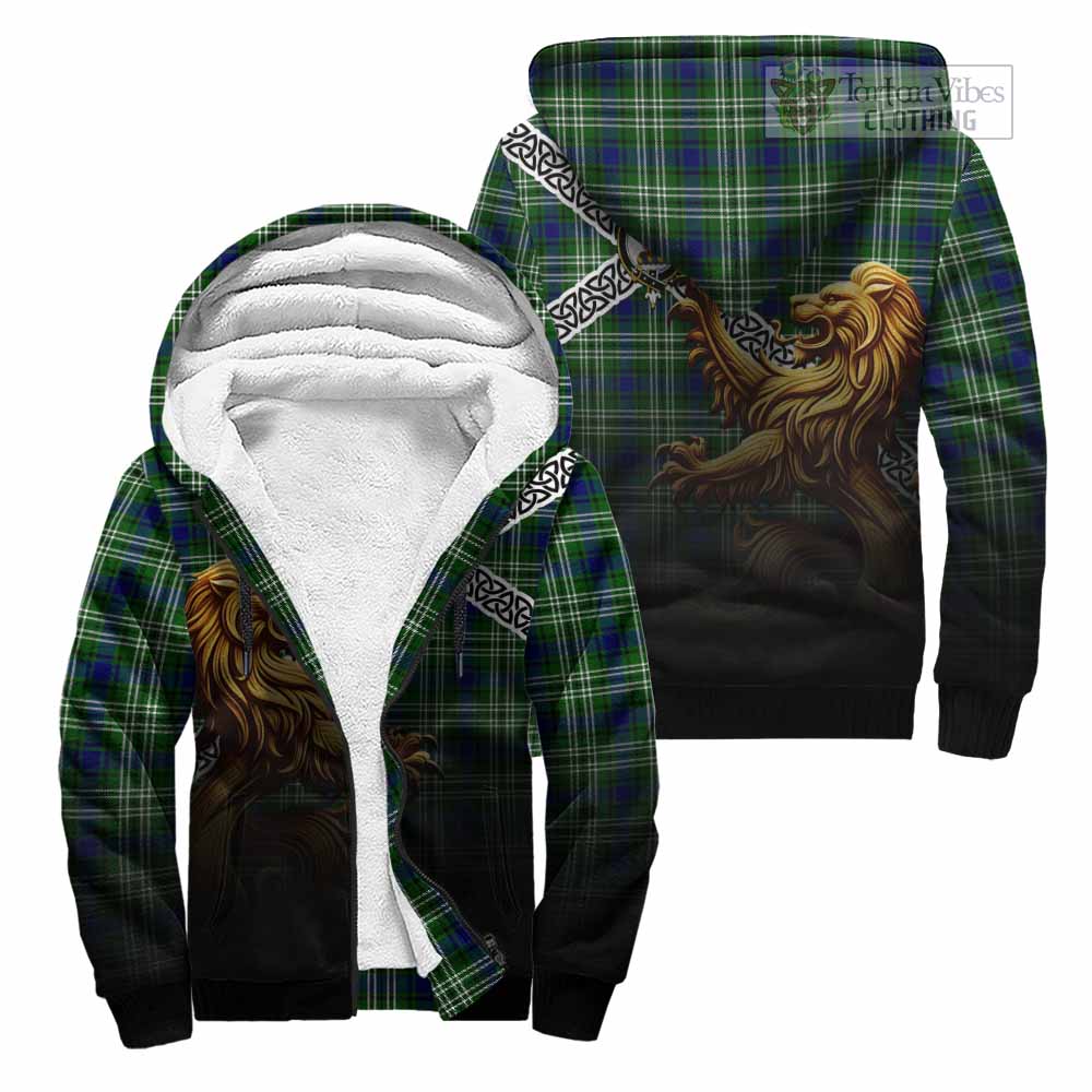 Haliburton Crest Tartan Sherpa Hoodie with Golden Lion Emblem Celtic Style Unisex - Tartan Vibes Clothing