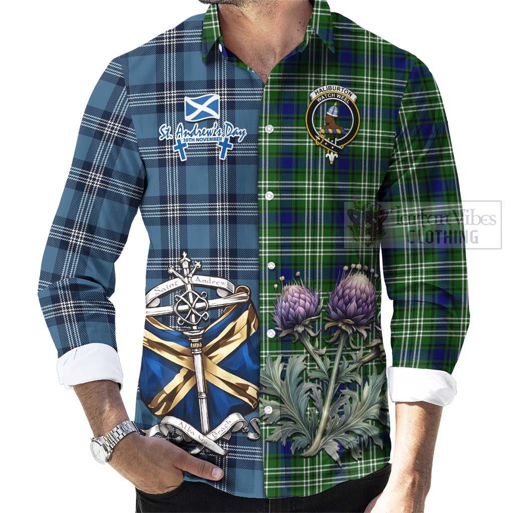 Haliburton Tartan Long Sleeve Button Shirt Happy St. Andrew's Day Half Tartan Style - Tartan Vibes Clothing
