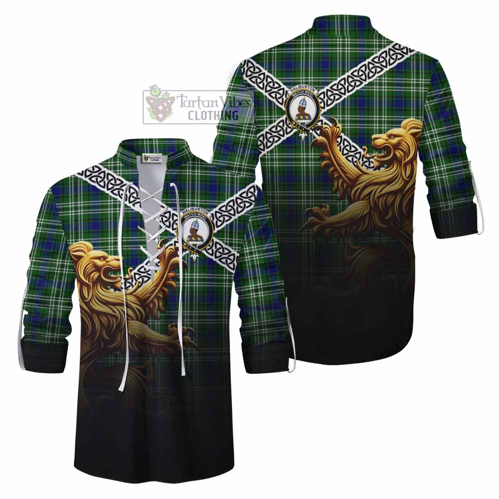 Haliburton Crest Tartan Ghillie Kilt Shirt with Golden Lion Emblem Celtic Style - Tartan Vibes Clothing
