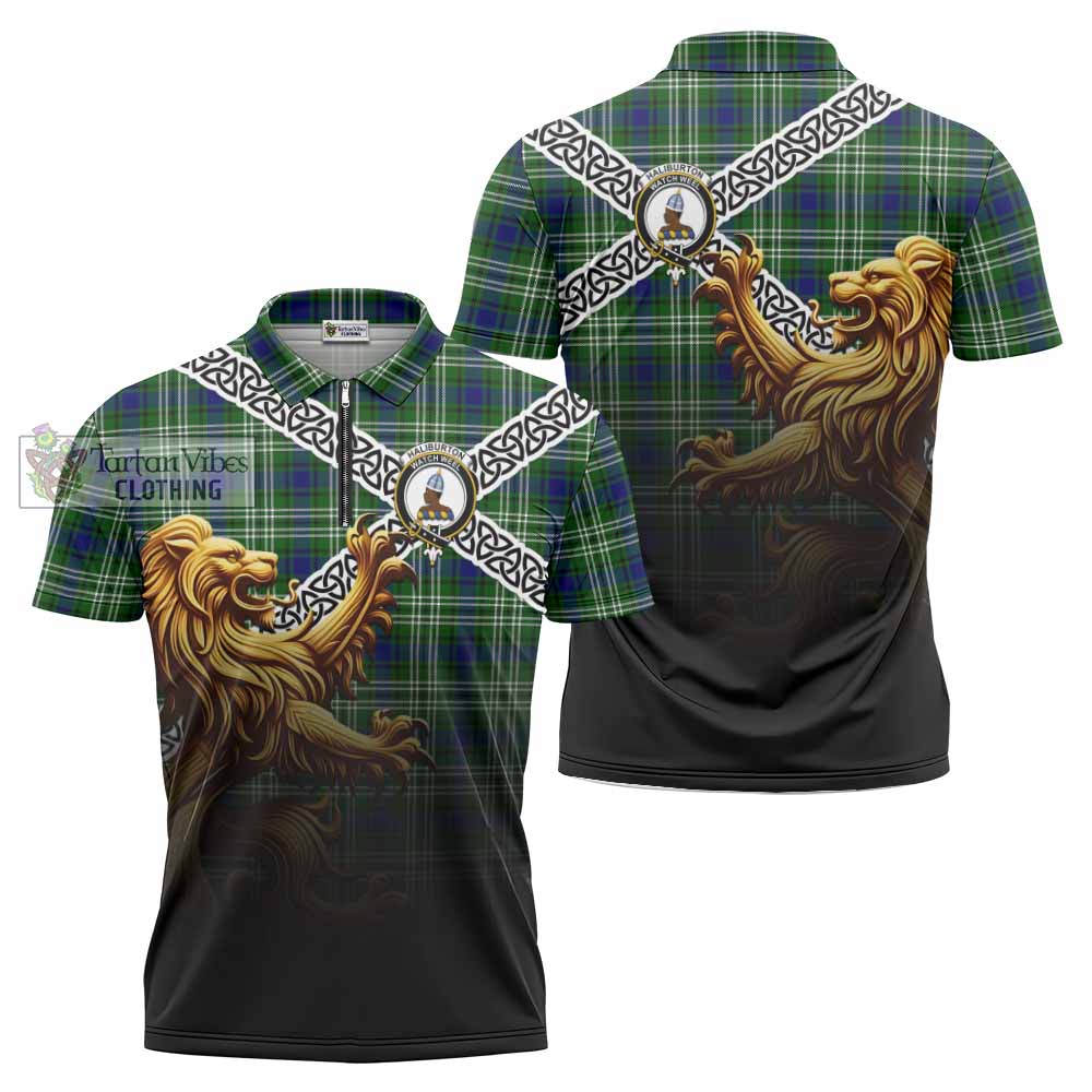 Haliburton Crest Tartan Zipper Polo Shirt with Golden Lion Emblem Celtic Style - Tartan Vibes Clothing