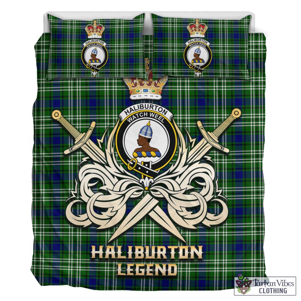 Tartan Vibes Clothing Haliburton Tartan Bedding Set with Clan Crest and the Golden Sword of Courageous Legacy