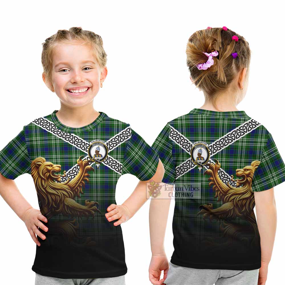 Haliburton Crest Tartan Kid T-Shirt with Golden Lion Emblem Celtic Style - Tartan Vibes Clothing