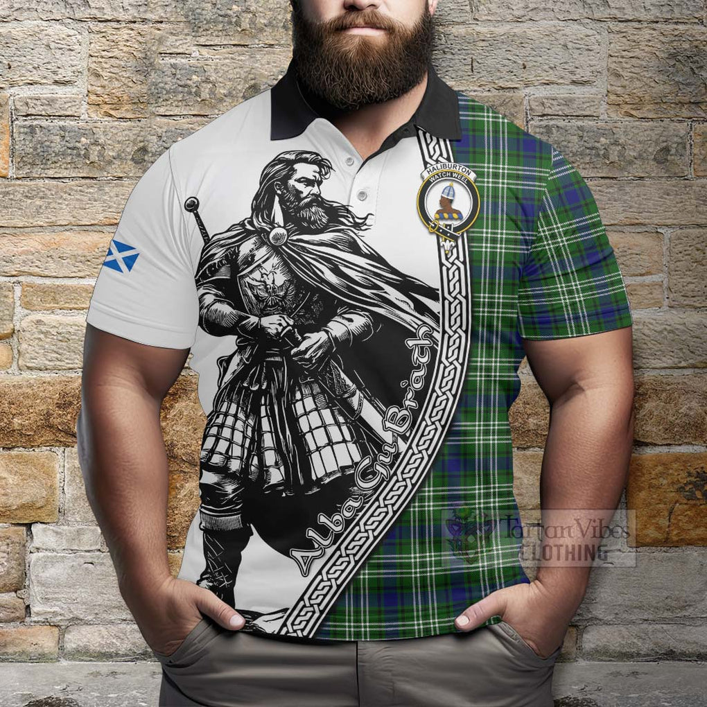 Haliburton Tartan Clan Crest Polo Shirt with Highlander Warrior Celtic Style - Tartan Vibes Clothing